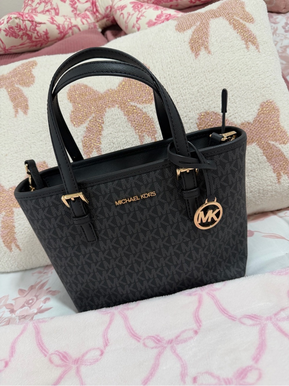 Michael Kors Black Monogram Small Satchel with Gold Hardware - Picture 2 of 4